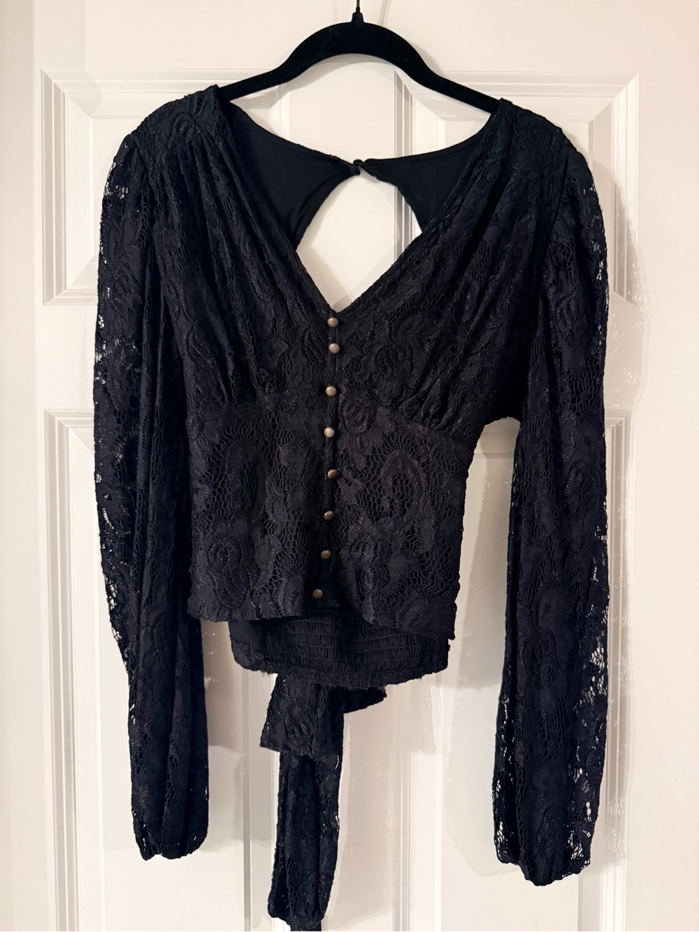 By Anthropologie Black Lace Button-Front Wrap Top